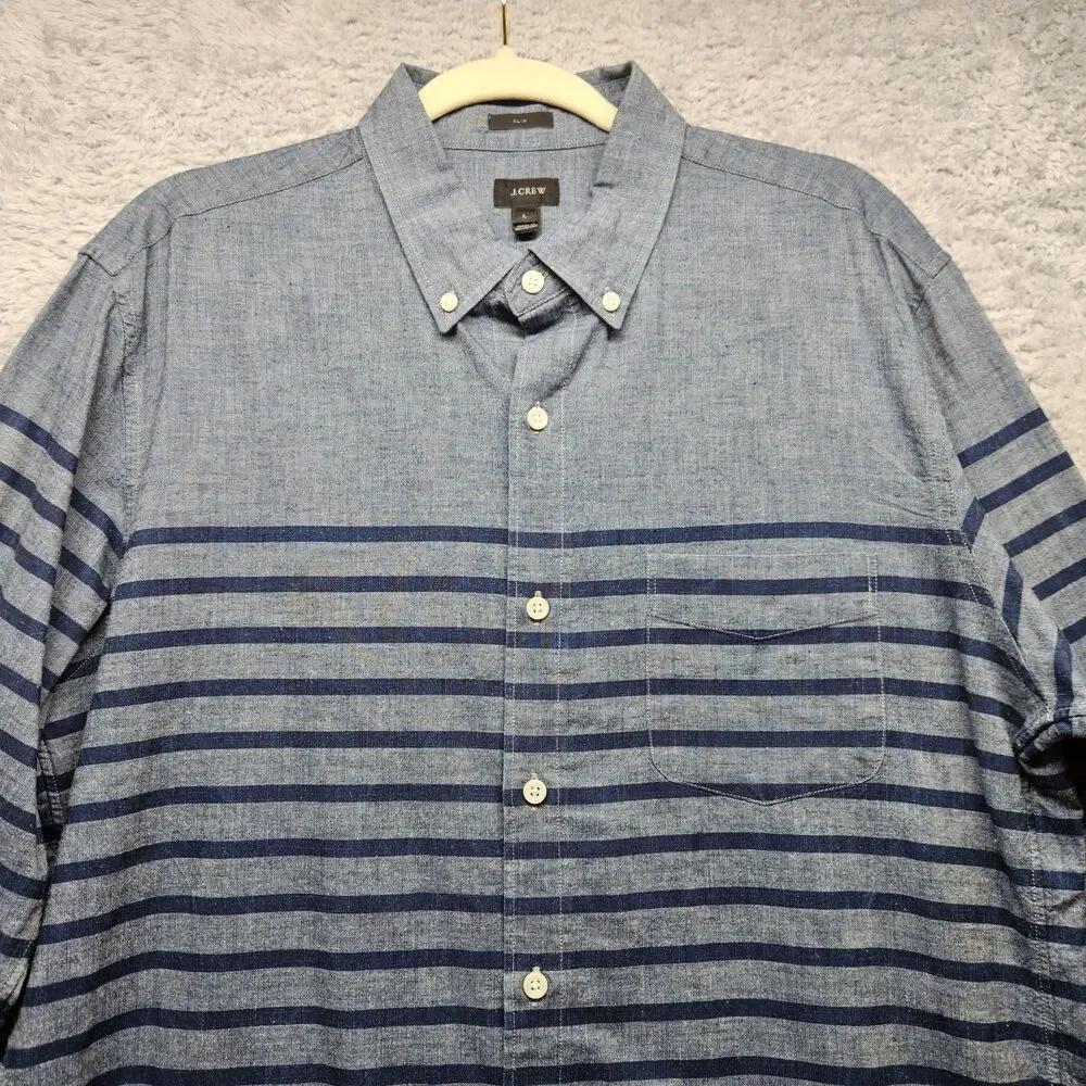 J Crew Mens Blue Stripe Button Down Shirt Size Large Slim 100% Cotton Classic